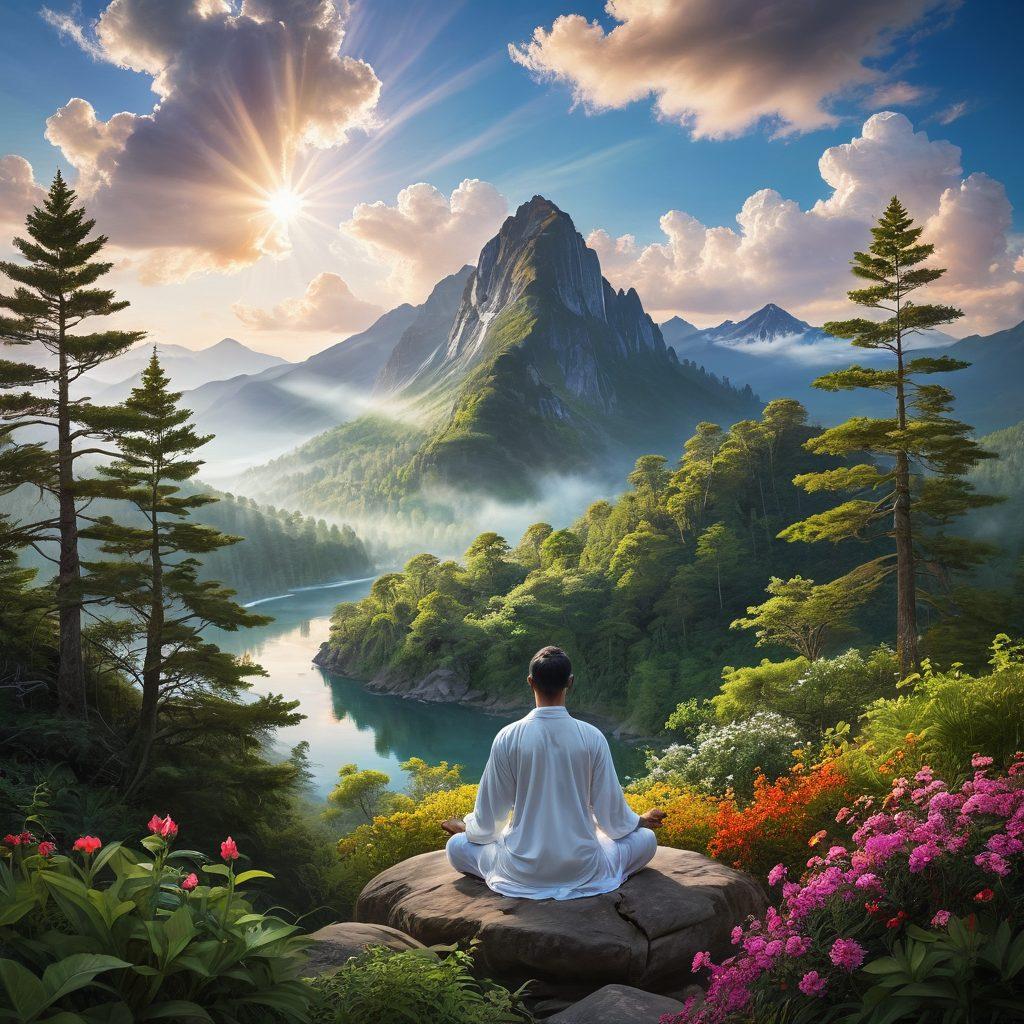 A serene landscape featuring a person meditating atop a mountain, surrounded by lush greenery and soft sunlight breaking through clouds. Include symbols of growth like blooming flowers and sturdy trees, embodying resilience and strength. The atmosphere should evoke tranquility and determination. super-realistic. vibrant colors. white background.
