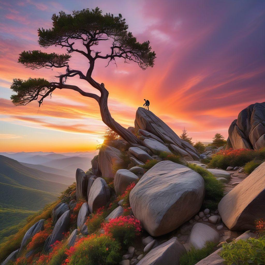 A determined person climbing a steep mountain, symbolizing perseverance and tenacity. Surrounding them are various obstacles like boulders and branches, with a bright sky above representing hope and growth. Incorporate elements of nature, such as trees and a vibrant sunrise, to inspire a sense of possibility. The scene should evoke strength and a growth mindset. super-realistic. vibrant colors. dramatic lighting.