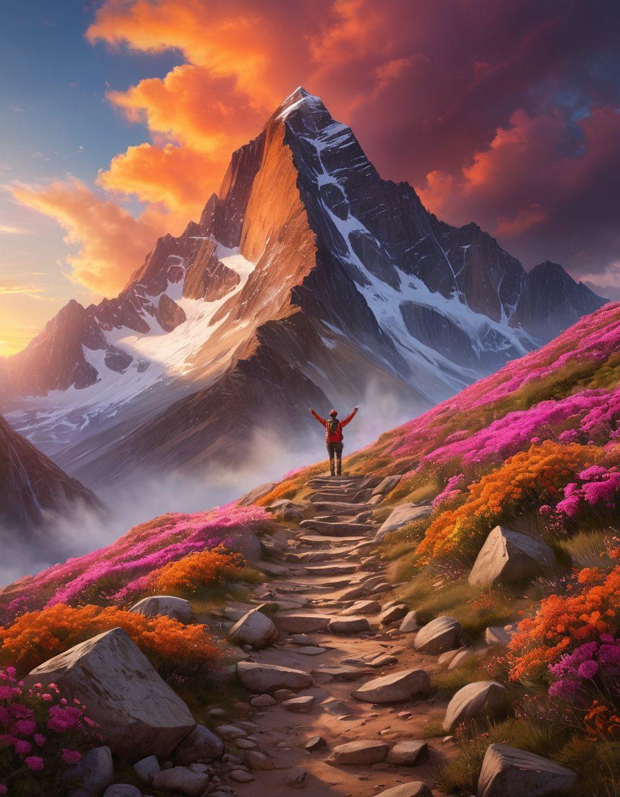 A mountain climber triumphantly reaching the summit, symbolizing resilience and achievement, with a breathtaking sunrise illuminating the path behind, representing obstacles conquered. Colorful flags fluttering in the wind around the peak, showcasing diverse cultures and backgrounds. The sky is vibrant with hues of orange and pink, evoking a sense of hope and new beginnings. super-realistic. vibrant colors. motivational.